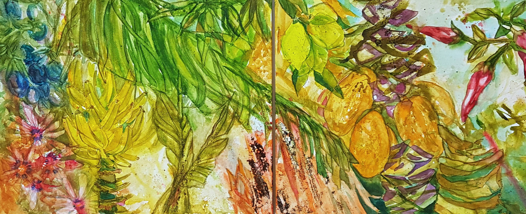 frutas, 2023, K. Mempel, Aquarell auf Leinwand, je 40 × 50 cm