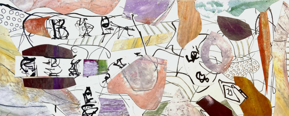 Collage, 2023, Fineliner, <br />Ölfarbe, Buntstift auf Zeichenkarton,  ca. 15 × 40 cm