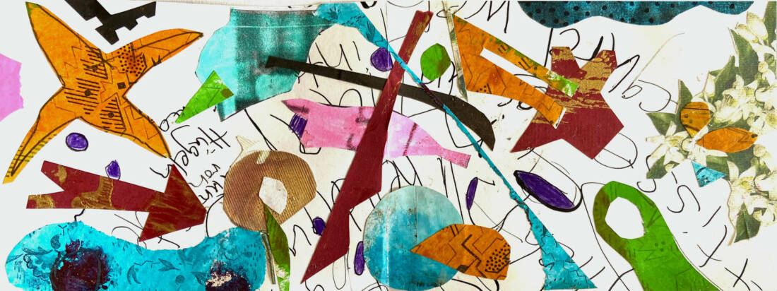 Collage 2, 2023, Fineliner, Ölfarbe, Buntstift, 15 × 40 cm