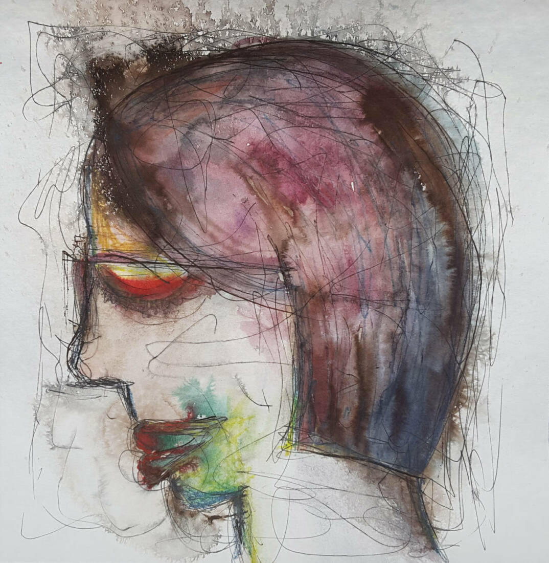 Frau mit lila Haaren, Angelika Flach, Monotypie, 20 × 20 cm