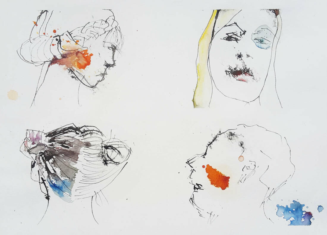 Leute von heute, Angelika Flach, 2022, Tusche auf Papier, 43 × 56 cm