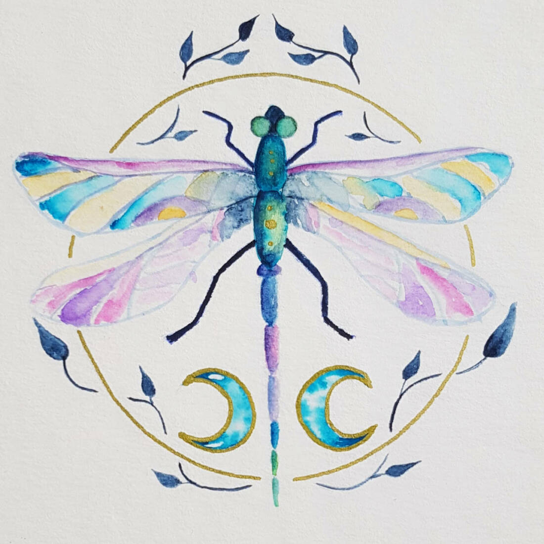Libelle, 2020, Aquarell, Goldmarker, 12 × 12 cm