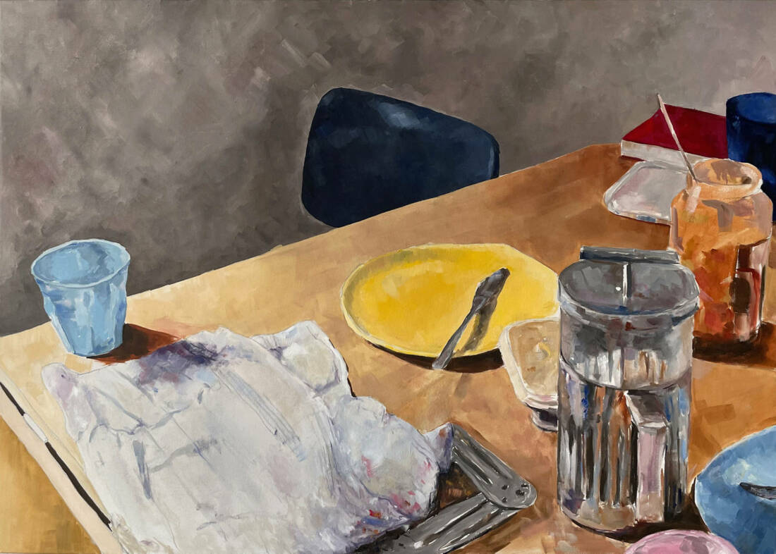 Frühstückstisch, Lukas Kleiter, Öl auf Leinwand, 100 × 140 cm
