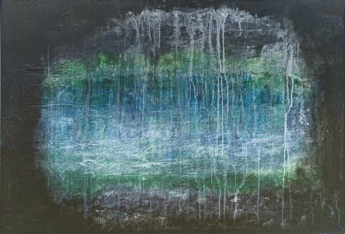 Blick hinaus, 2024, Mischtechnik auf Folie, 60 × 80 cm