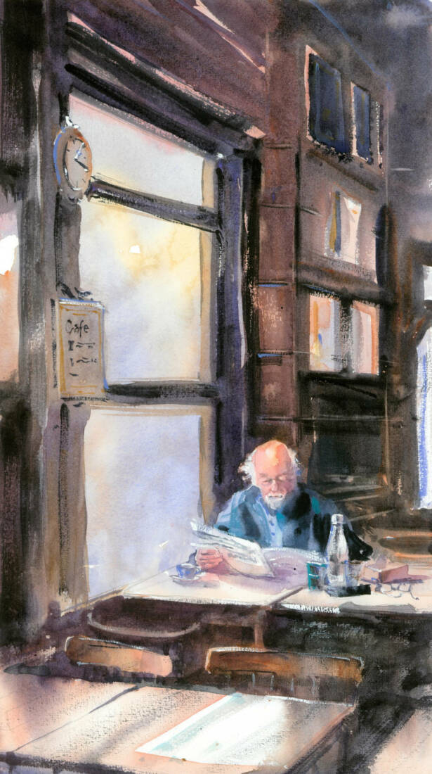 Stille im Café, 2023, Aquarell, 50 × 25 cm