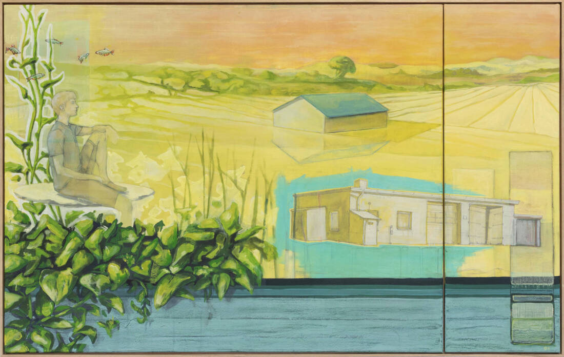 Geschichten, 2024, Eitempera und Öl auf Baumwolle, 140 × 90 cm