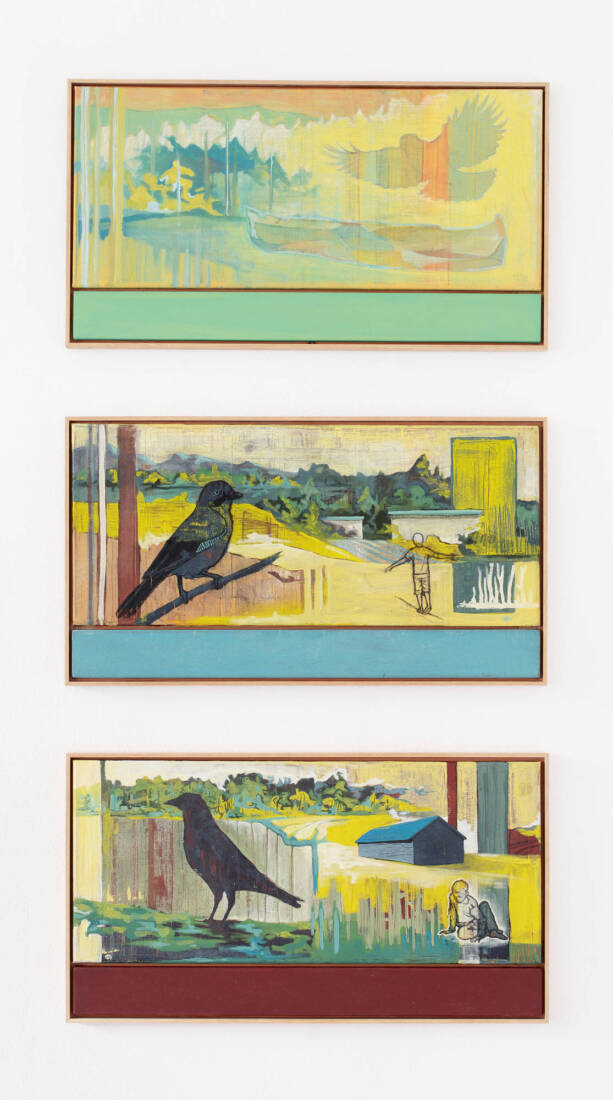 Trilogie vom Fliegenlernen, 2024, je 70 × 30 cm, Eitempera auf Baumwolle