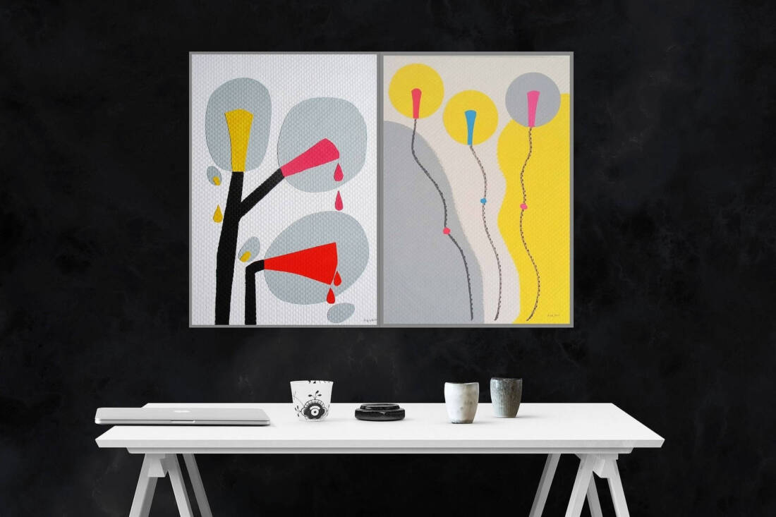 Crazy lightbulbs, 2024, Acryl, Collage, 50 × 70 cm Rahmen, 2 Stück