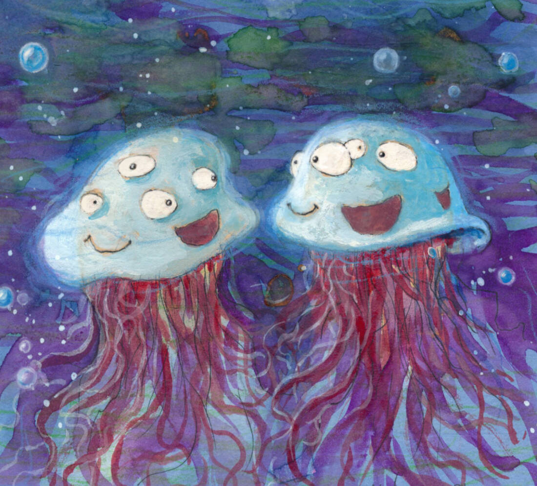 Happy Jellyfish, 2024, analoge Zeichnung und Malerei, digital bearbeitet