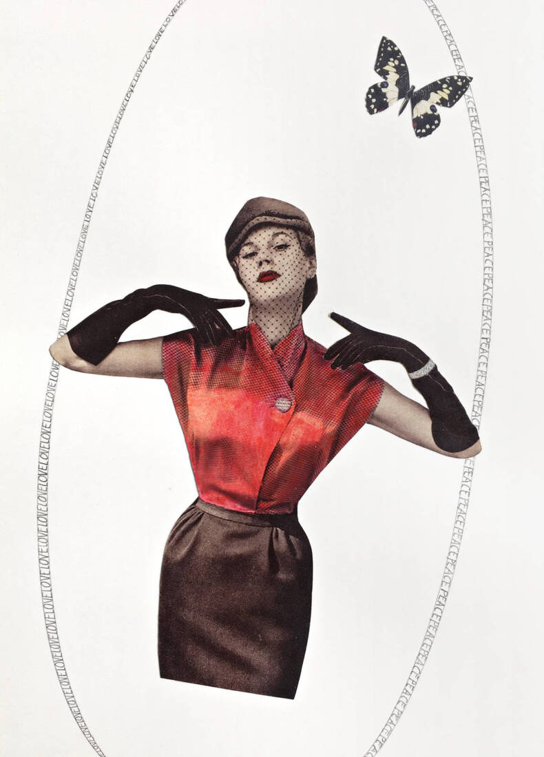 Love and Peace, 2025,<br> Collage, koloriert auf Papier, 30 × 24 cm
