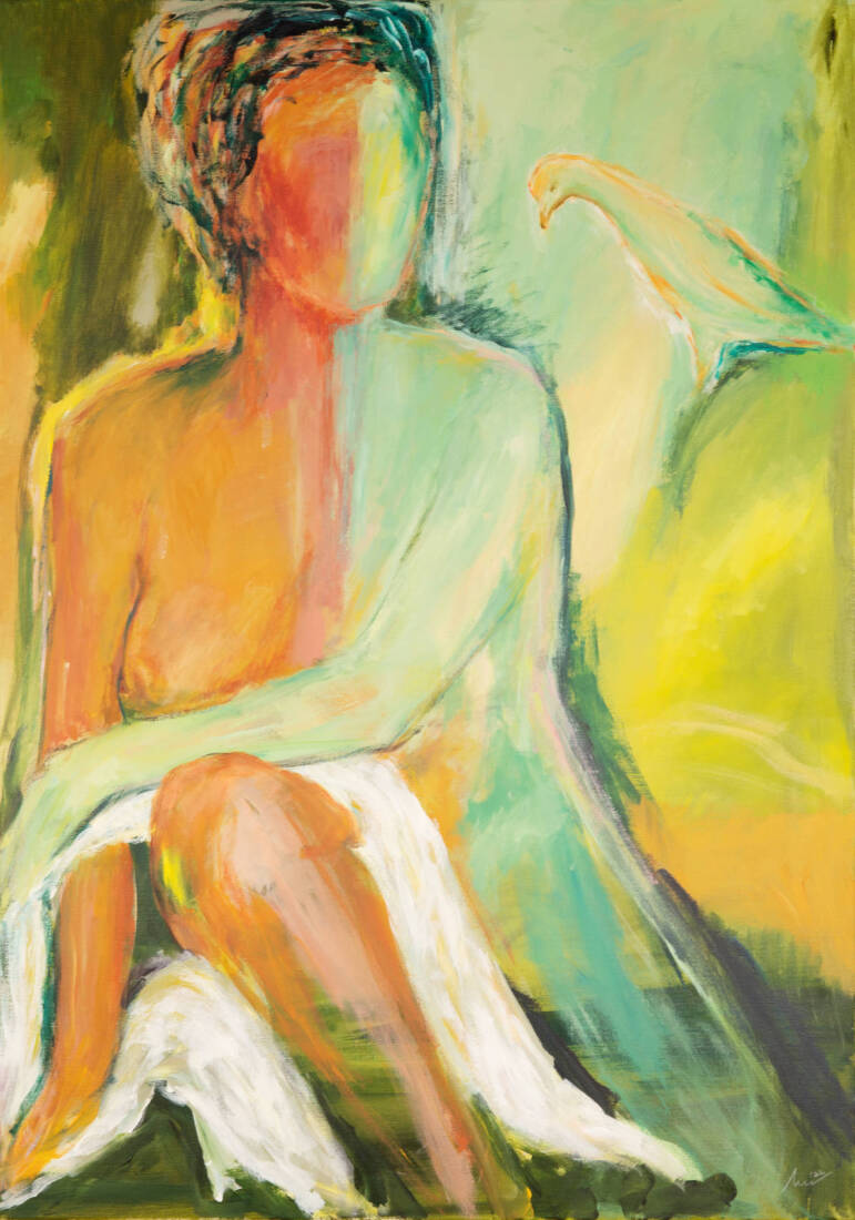 Akt mit Vogel, 2022, Acryl auf Leinwand, 100 × 70 cm