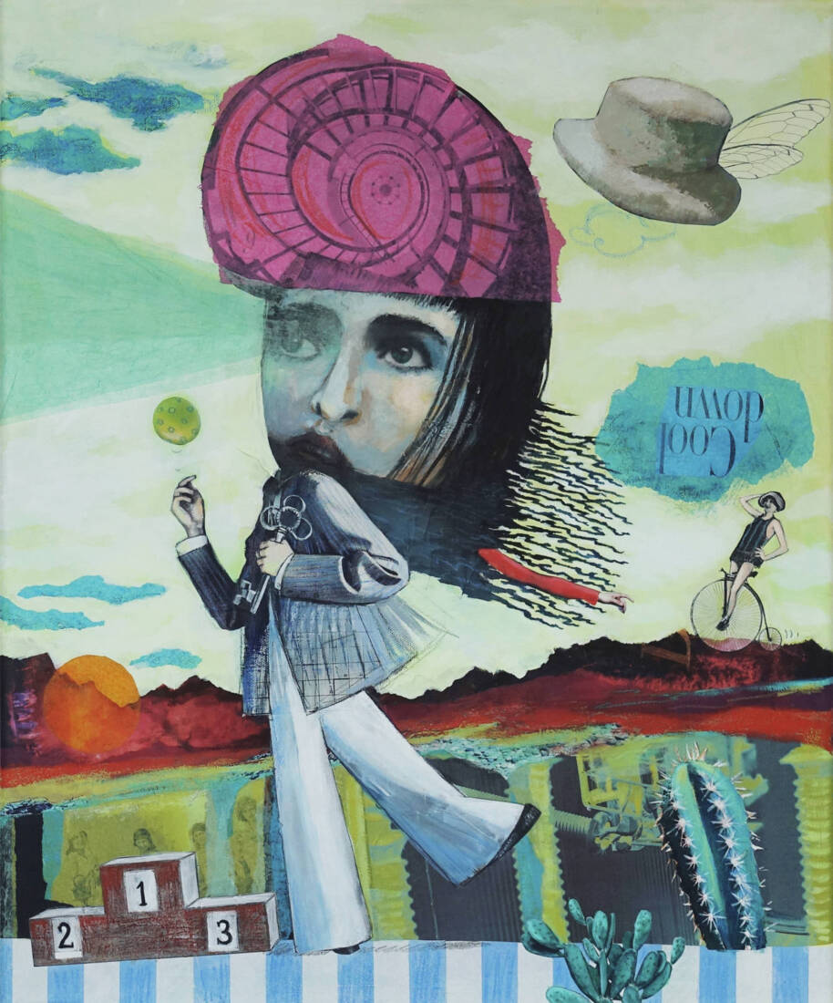Cool down, 2025, Mischtechnik, Collage auf Leinwand, 60 × 50 cm