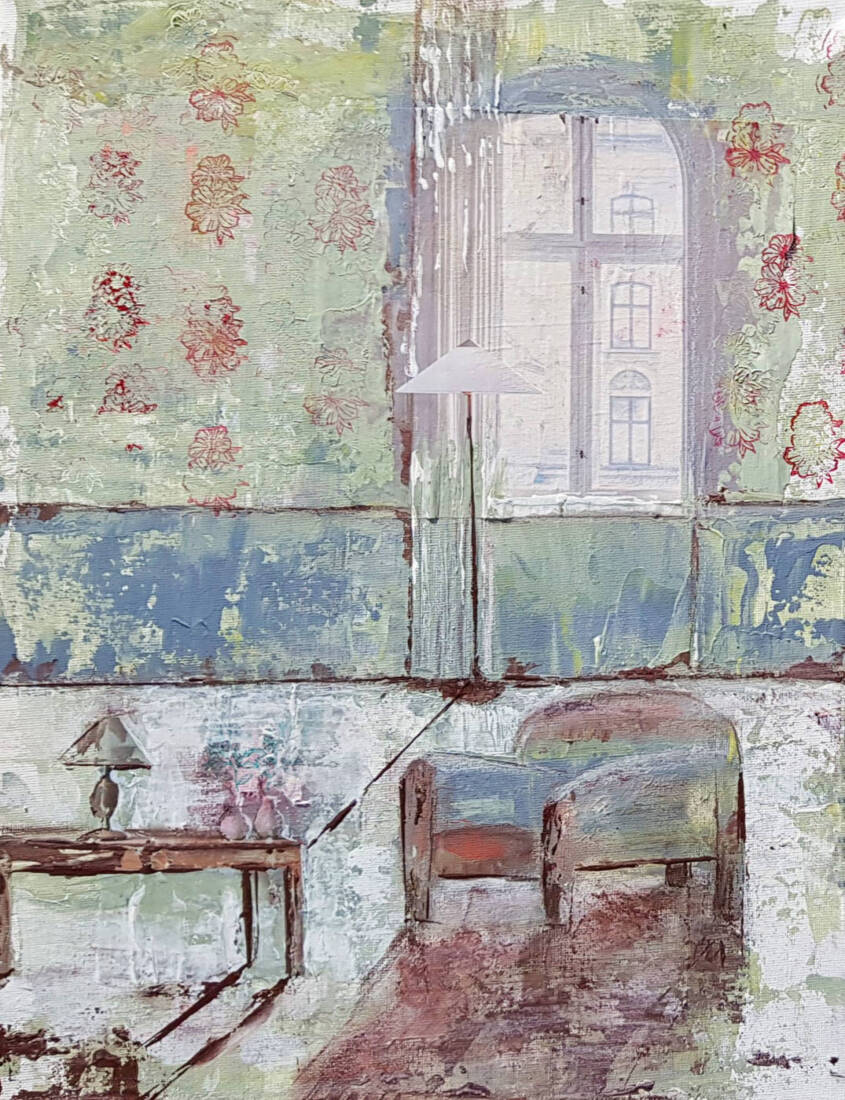 Home, 2024, Acryl u. Collage auf Leinwand, 40 × 30 cm