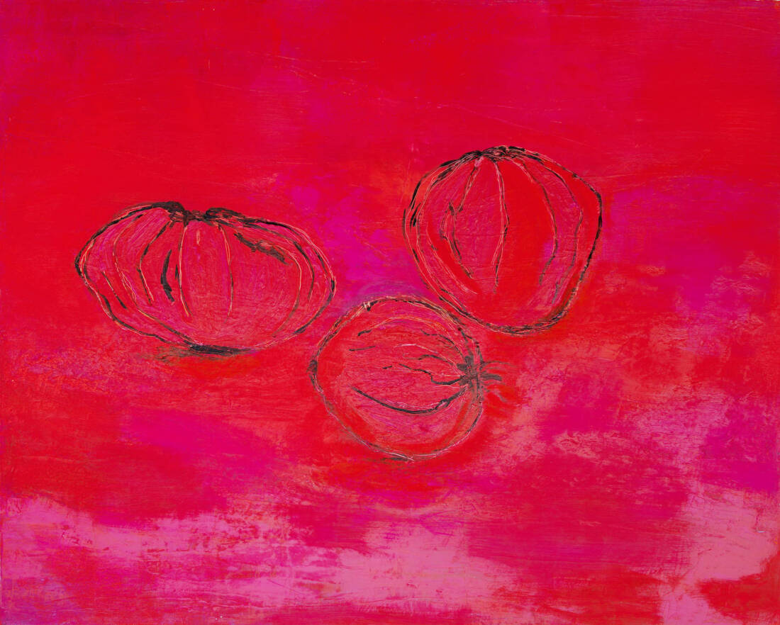 Muss ich immer noch mit Tomaten werfen? 2025, Öl auf Leinwand, 80 × 100 cm