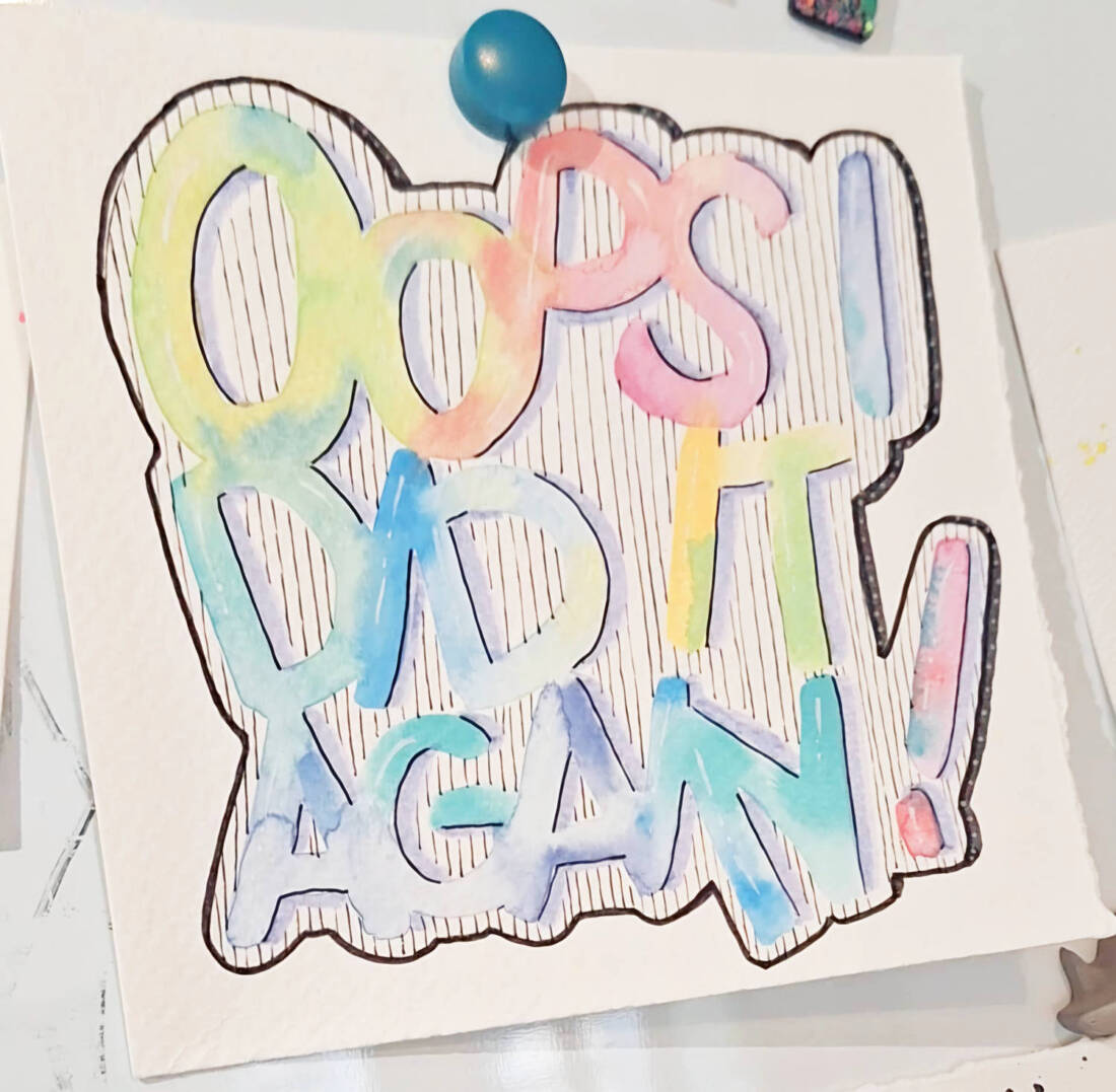 Oops, 2025, Aquarell, Flachpinsel, Brushpen, Fineliner, Acrylstift, 16 × 13 cm