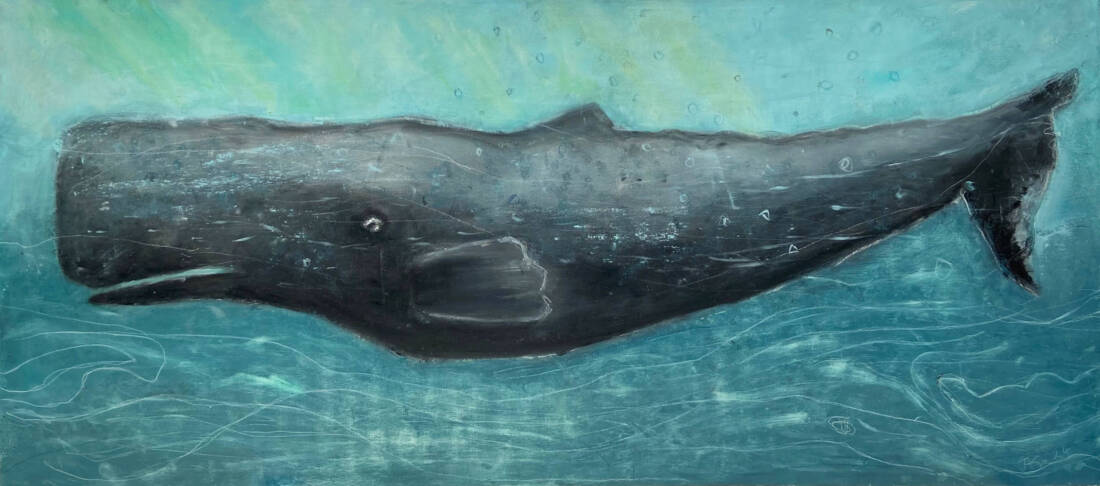 Pottwal Emil, 2024, Öl auf Holz, 100 × 45 cm