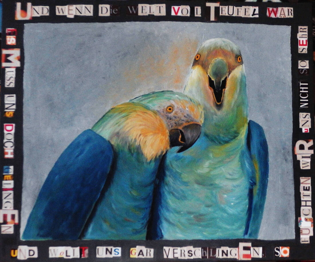 Und wenn die Welt voll Teufel wär…, 2025, Mischtechnik, 100 × 120 cm