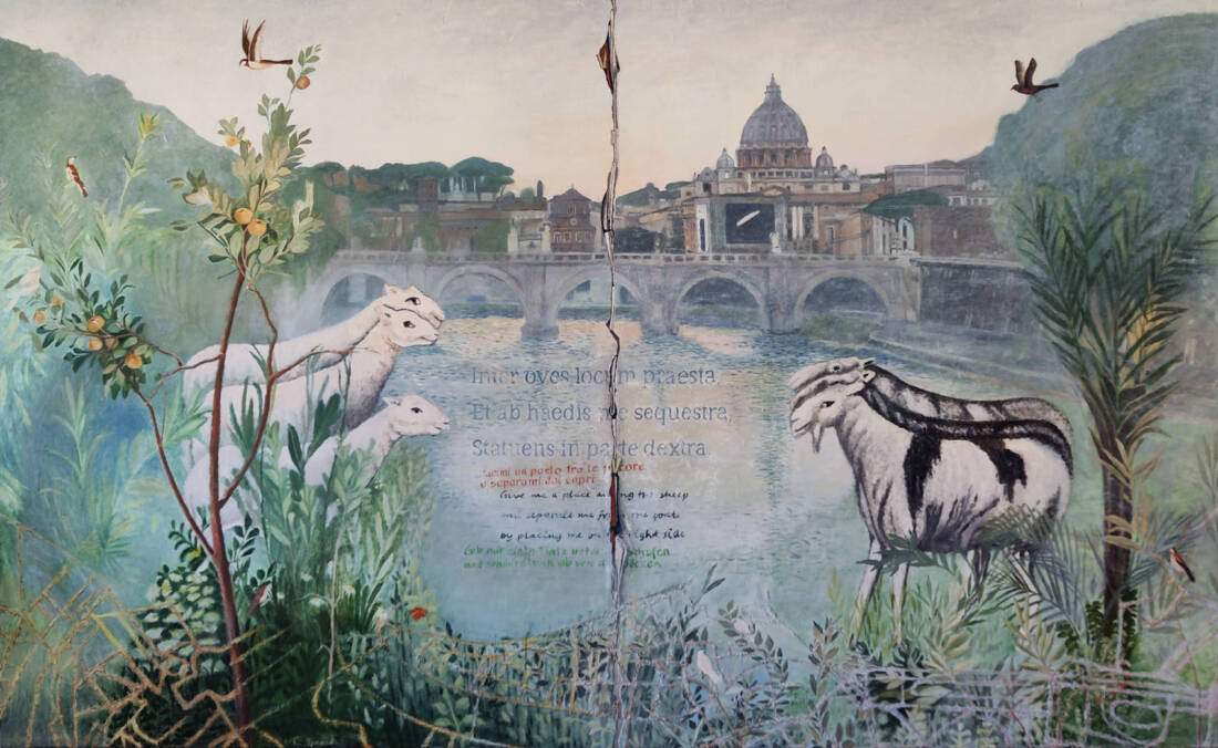 Unter Schafen und Böcken, 2025, Öl und Sand auf Leinwand, 120 × 195 cm