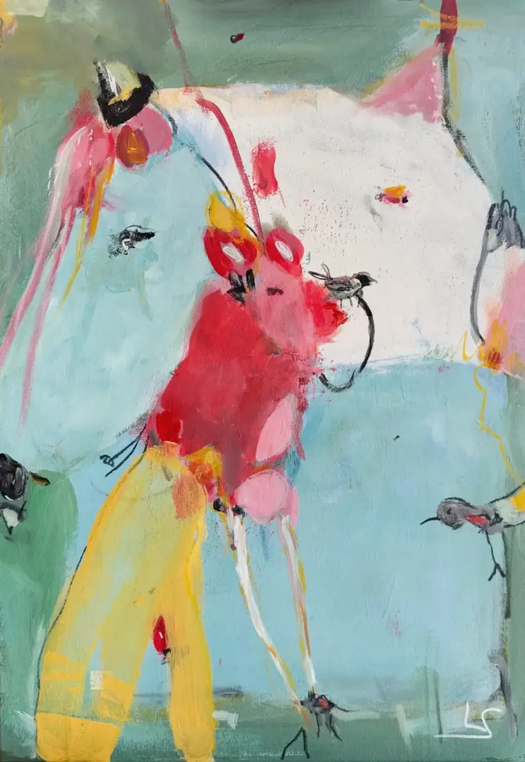 Besuch im Grünen, 2026, Mixed Media auf Leinwand, 70 × 50 cm