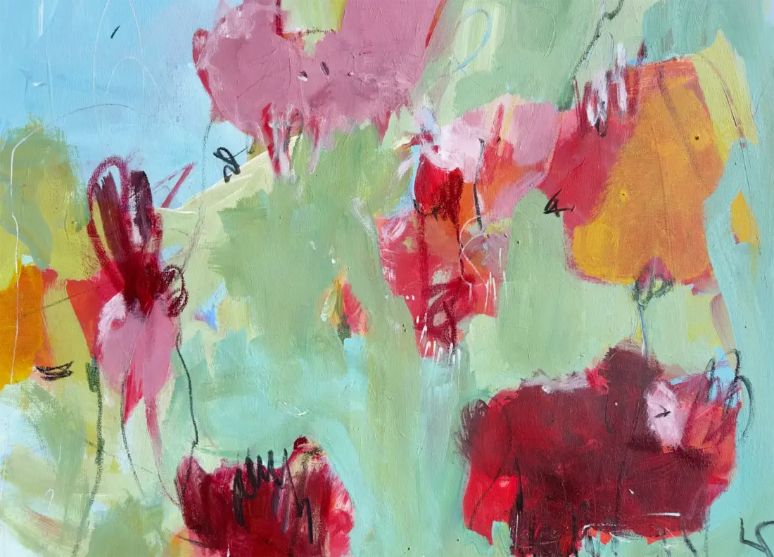 Blütenspiel, 2026, <br>Mixed Media auf Leinwand, 60 × 70 cm