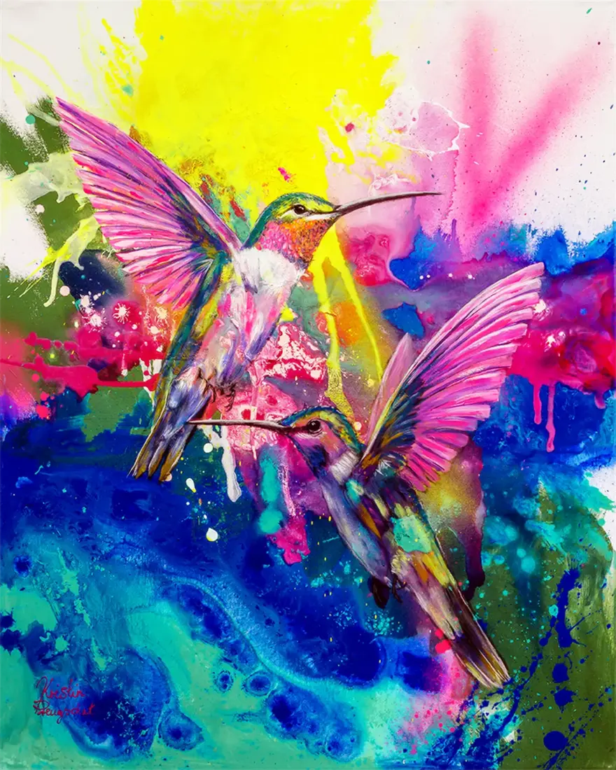 Kolibris, 2025, Acryl-Mixed Media auf Keilrahmen, 100 × 80 cm