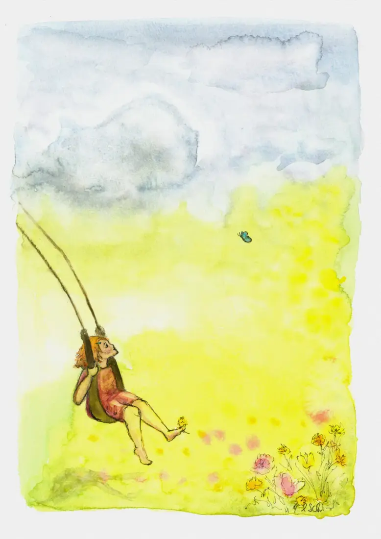 Frühlingsschaukel, 2026, Aquarell und Fineliner, 21 × 29,7 cm