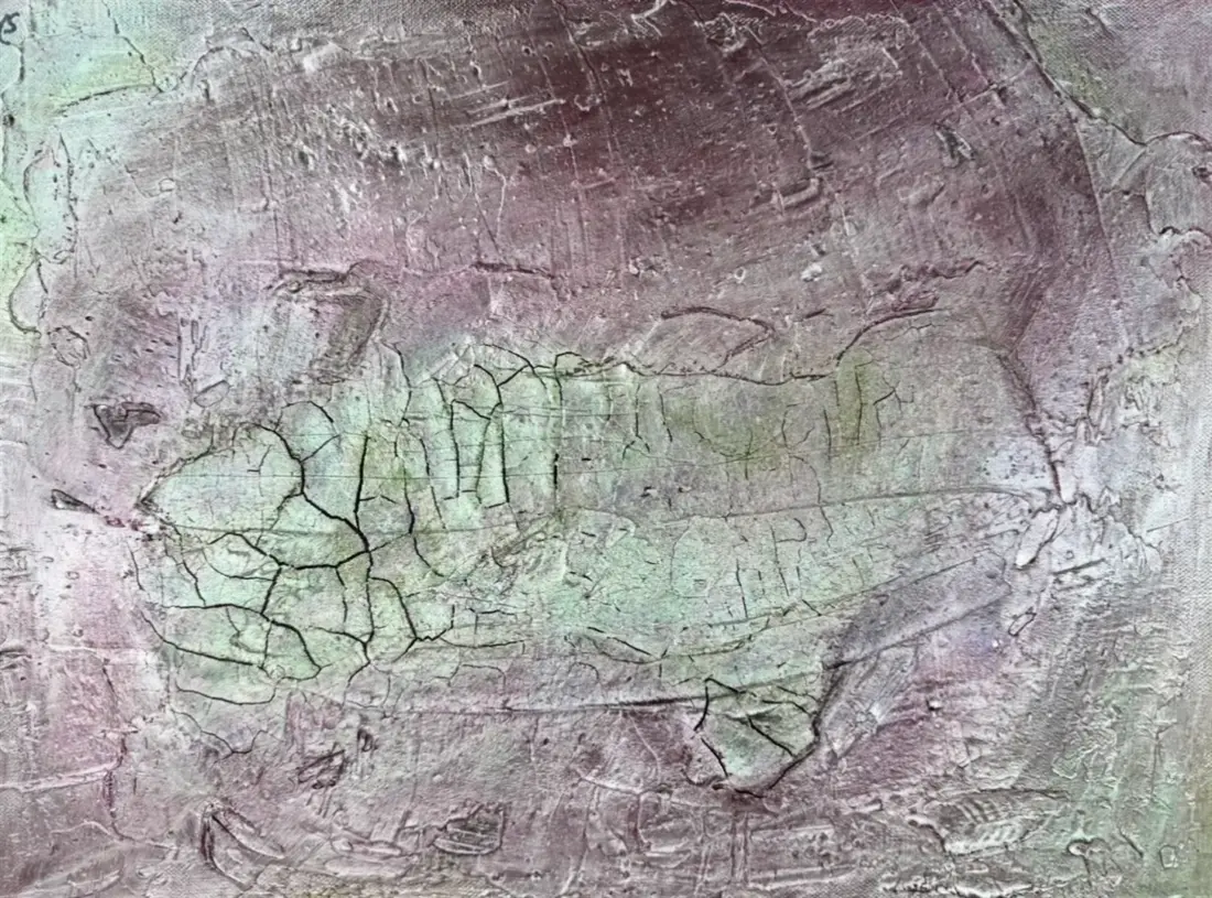 Halt im Riss, 2026,<br> Mixed Media mit Sumpfkalk, Marmormehl und Antiktusche, 30 × 40 cm