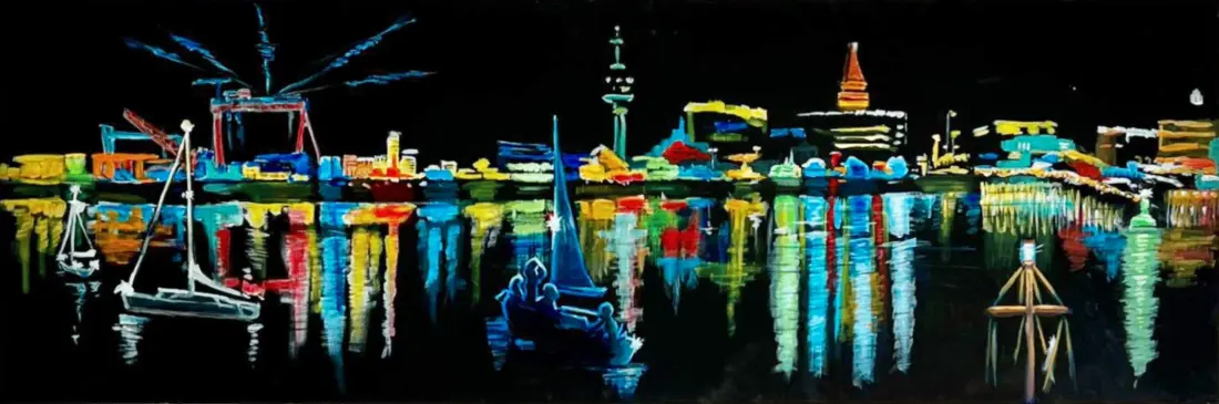 Kiel bei Nacht, 2026,<br> Acryl auf schwarzer Leinwand, 40 × 120 cm