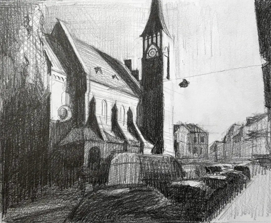 Ansgarkirche, 2026, Bleistiftzeichnung, 15,5 × 18,5 cm