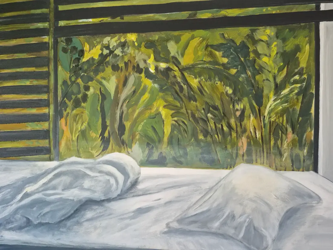 Bett im Urwald, Brigitte Kemlein, 2026, Acryl auf Leinwand, 40 × 100 cm