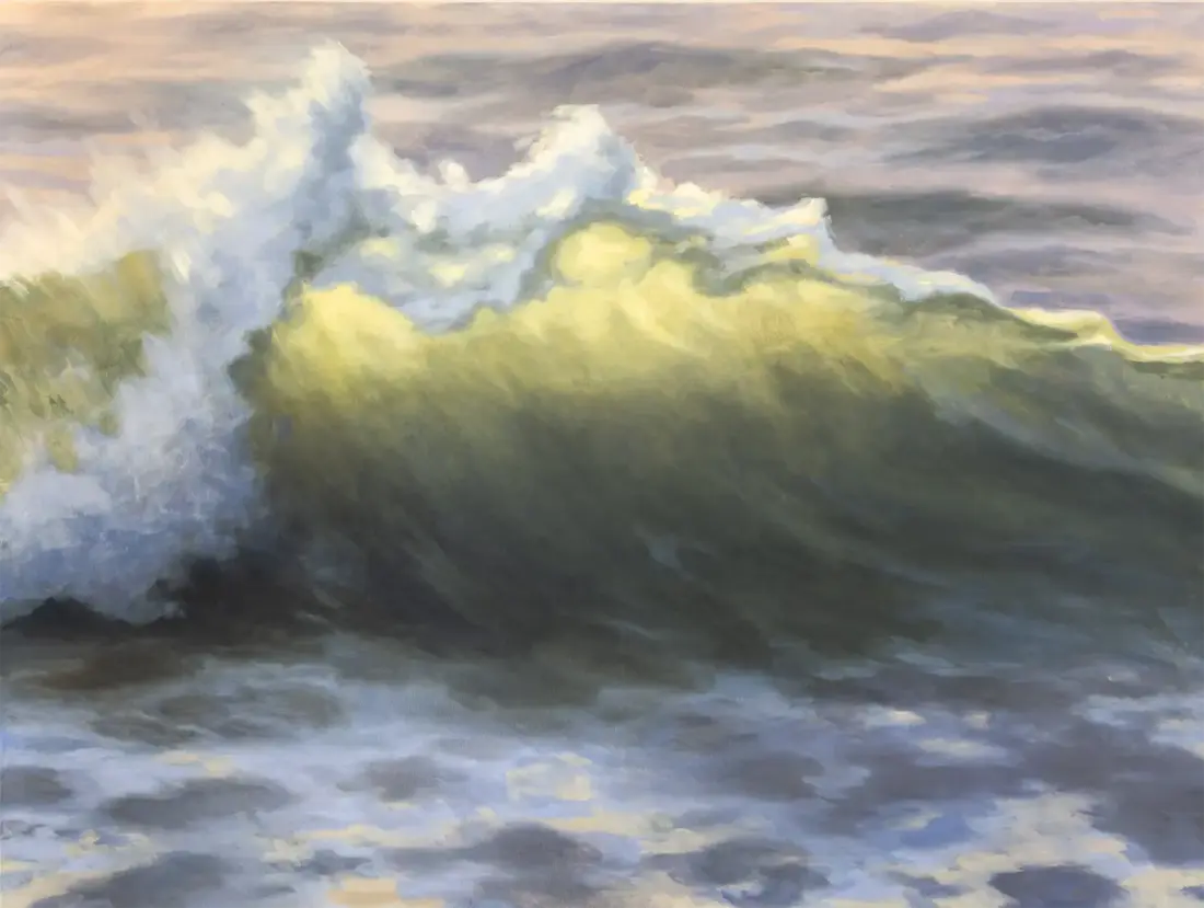 Brandungswelle im Abendlicht, 2025, Öl auf Leinwand, 80 × 120 cm