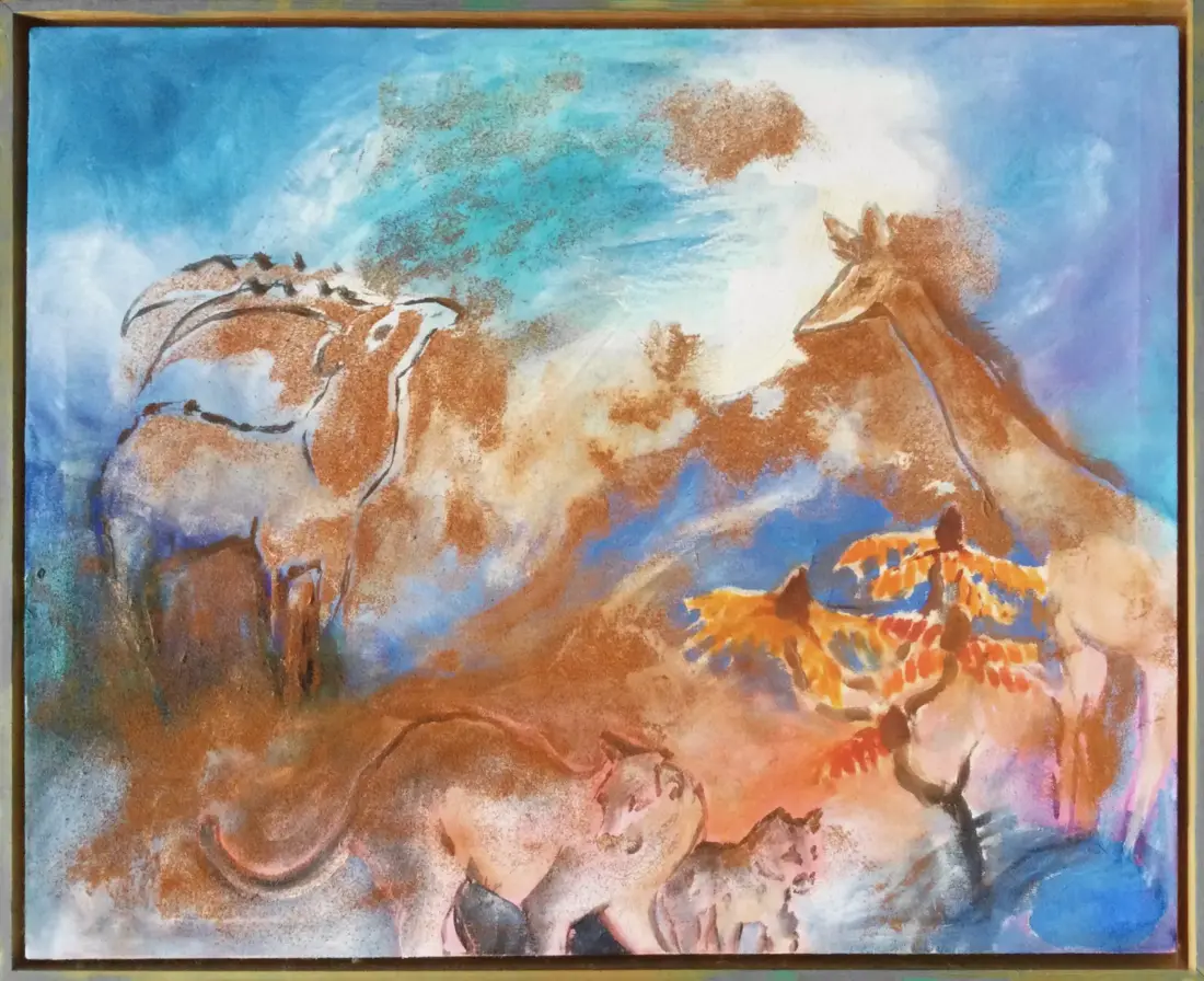 La sagesse des animaux,<br>2004, Öl auf Leinwand, Sand, 40 × 60 cm