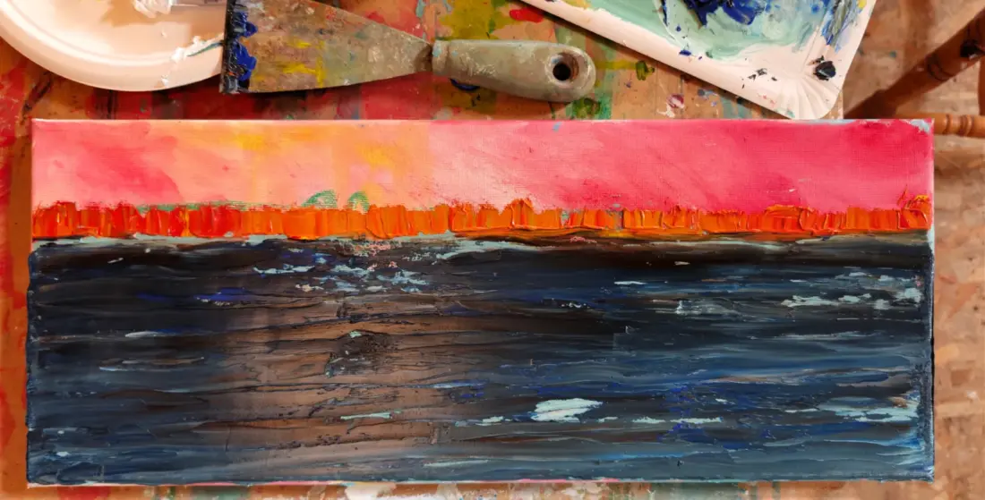 Landschaft in Arbeit, Acryl, Sand und Öl auf Leinwand, 20 × 40