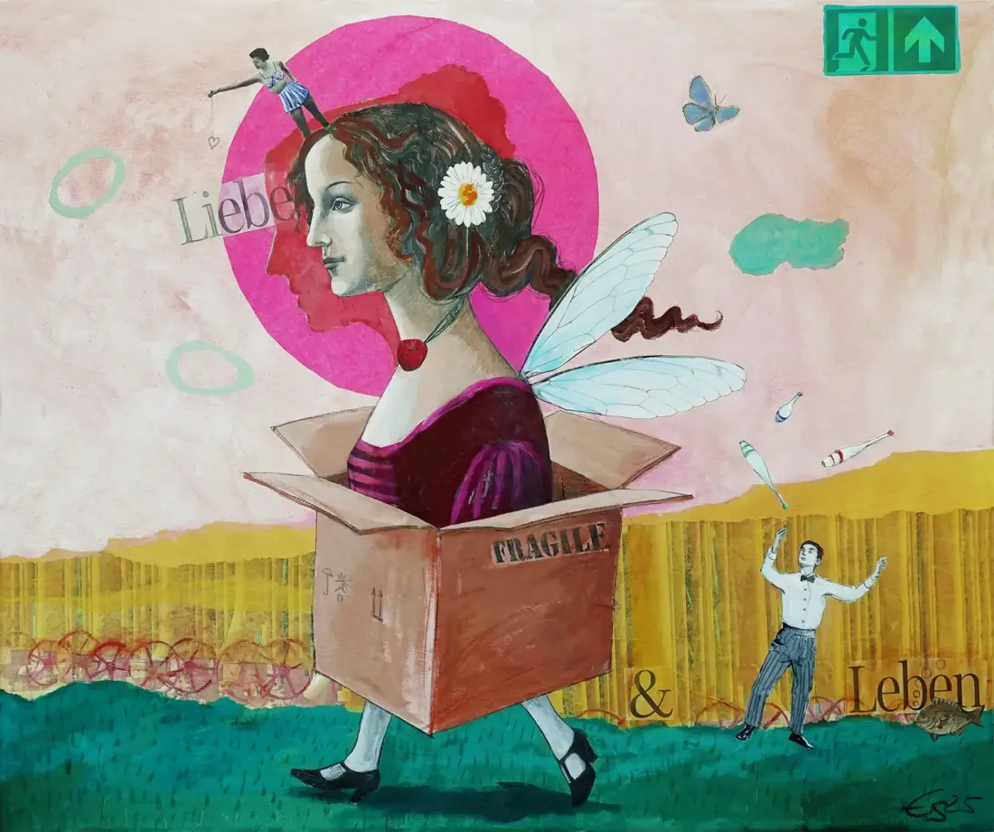 LiebeLeben, 2025, Mischtechnik, Collage auf Leinwand, 50 × 60 cm