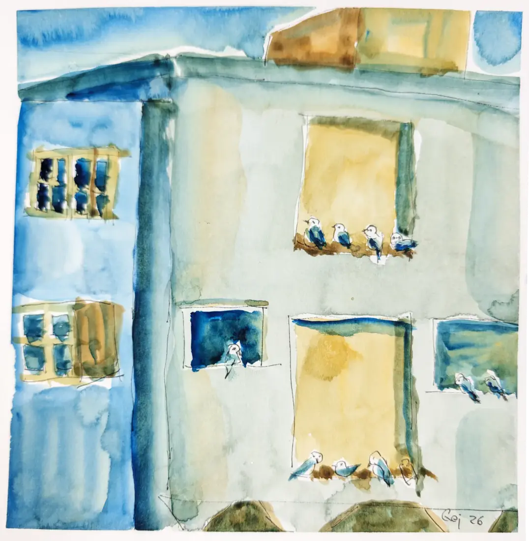 Nyksund 2026, Aquarell, Stifte auf Papier 19 × 19 cm