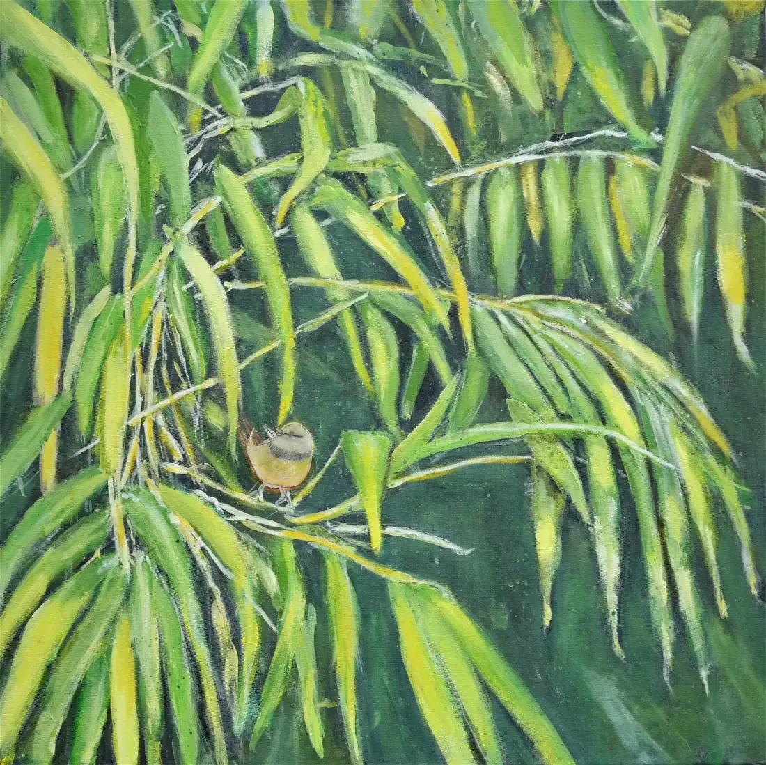 Piepmatz, 2025, Acryl und Öl auf Leinwand, 60 × 60 cm
