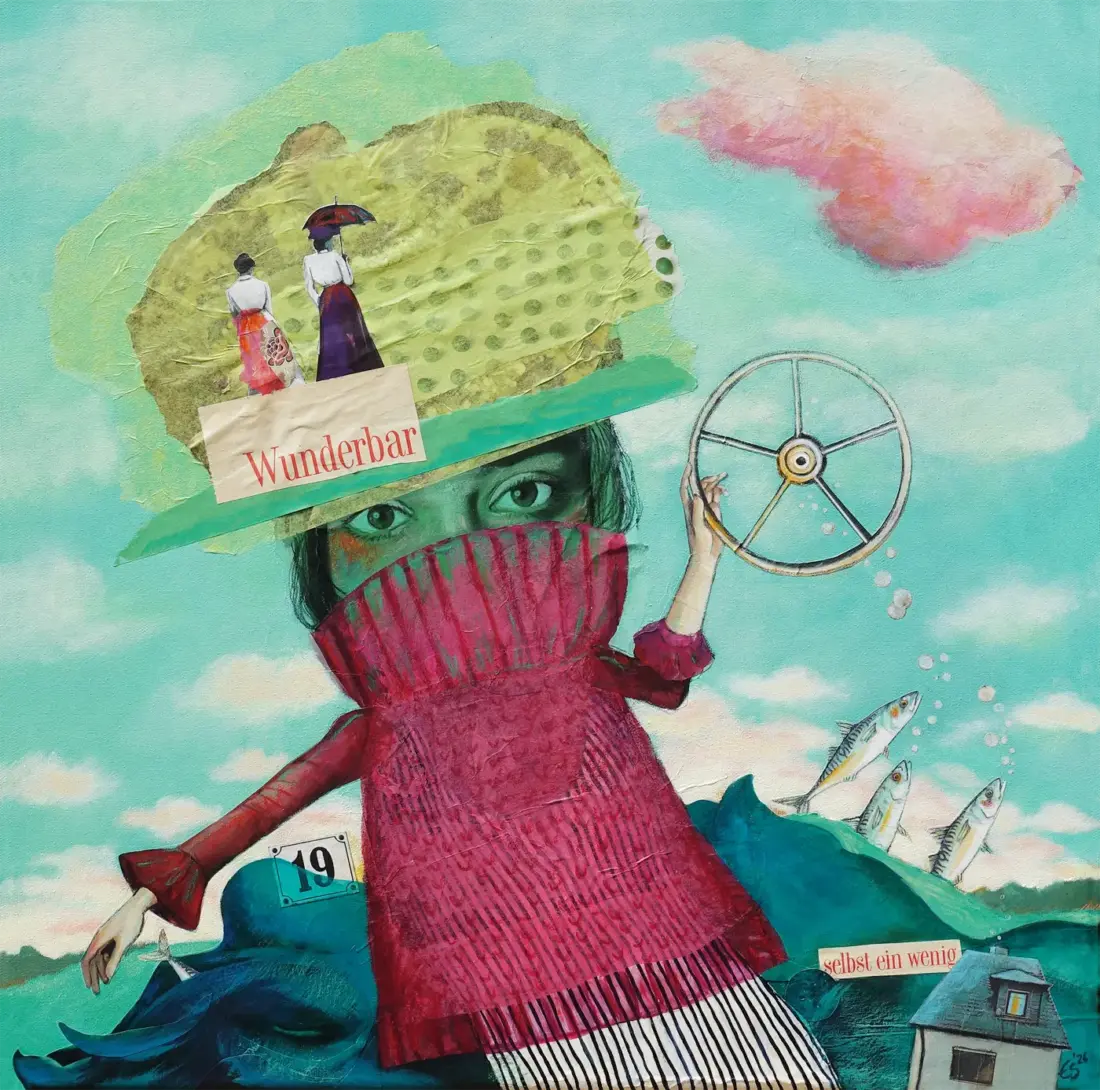 Selbst ein wenig, 2026, Mischtechnik, Collage auf Leinwand, 50 × 50 cm