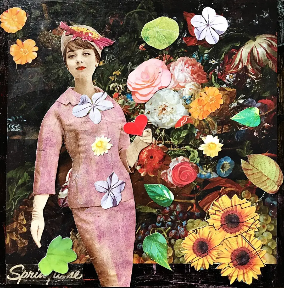 Springtime, 2026, Collage, Pigmente auf Holz, 20 × 20 cm